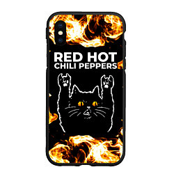 Чехол iPhone XS Max матовый Red Hot Chili Peppers рок кот и огонь, цвет: 3D-черный