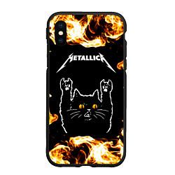 Чехол iPhone XS Max матовый Metallica рок кот и огонь, цвет: 3D-черный