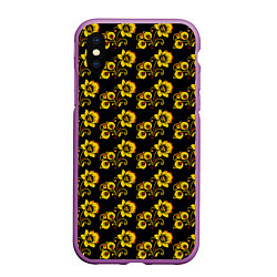 Чехол iPhone XS Max матовый Хохломская роспись цветы на чёрном фоне