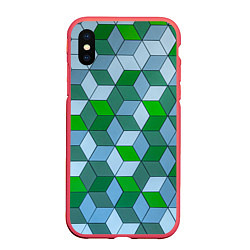 Чехол iPhone XS Max матовый Зелёные и серые абстрактные кубы с оптической иллю, цвет: 3D-красный