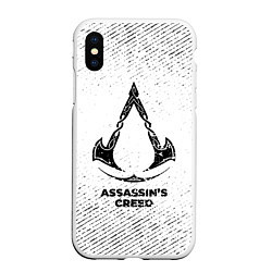 Чехол iPhone XS Max матовый Assassins Creed с потертостями на светлом фоне, цвет: 3D-белый