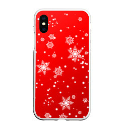 Чехол iPhone XS Max матовый Снежинки на красном фоне