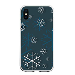 Чехол iPhone XS Max матовый Белые снежинки на синем фоне