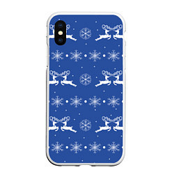 Чехол iPhone XS Max матовый Белые олени со снежинками на синем фоне