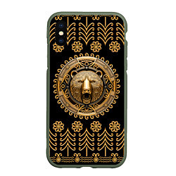 Чехол iPhone XS Max матовый Медведь золотой барельеф с этническим орнаментом