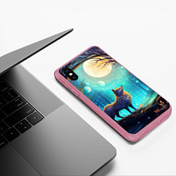 Чехол iPhone XS Max матовый Волк в ночном лесу в folk art стиле, цвет: 3D-малиновый — фото 2