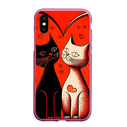 Чехол iPhone XS Max матовый Влюблённые кошки на красном фоне