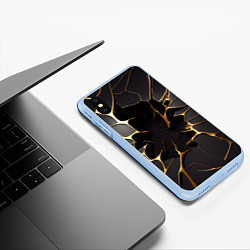 Чехол iPhone XS Max матовый Трещины в пропасть: черно-золотой узор, цвет: 3D-голубой — фото 2