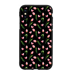 Чехол iPhone XS Max матовый Тюльпаны и сердечки на черном - паттерн, цвет: 3D-черный