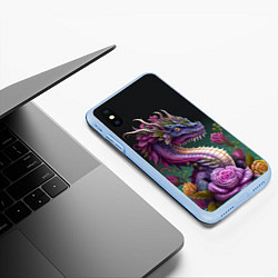 Чехол iPhone XS Max матовый Неоновый дракон с цветами, цвет: 3D-голубой — фото 2