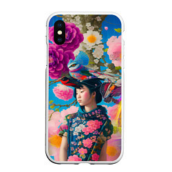 Чехол iPhone XS Max матовый Девочка с птицами среди цветов - мскусство