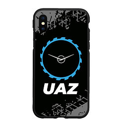 Чехол iPhone XS Max матовый UAZ в стиле Top Gear со следами шин на фоне, цвет: 3D-черный