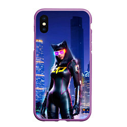 Чехол iPhone XS Max матовый Cat girl on the background of a megalopolis, цвет: 3D-фиолетовый