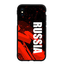 Чехол iPhone XS Max матовый Russia - белая надпись на красных брызгах