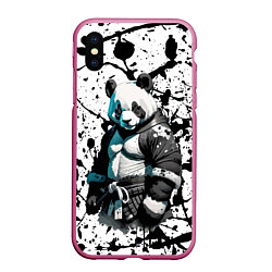 Чехол iPhone XS Max матовый Panda samurai on the background of blots