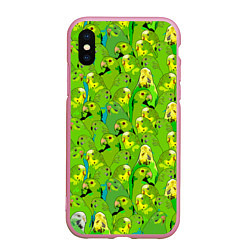 Чехол iPhone XS Max матовый Зеленые волнистые попугайчики, цвет: 3D-розовый
