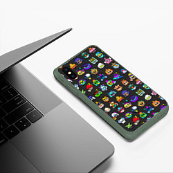 Чехол iPhone XS Max матовый Значки на скины Бравл Старс Brawl Черный фон Пины, цвет: 3D-темно-зеленый — фото 2
