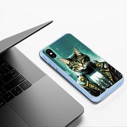 Чехол iPhone XS Max матовый Funny cat on the background of skyscrapers, цвет: 3D-голубой — фото 2
