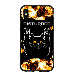 Чехол iPhone XS Max матовый Disturbed рок кот и огонь, цвет: 3D-черный