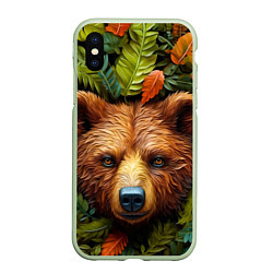 Чехол iPhone XS Max матовый Медведь в листьях, цвет: 3D-салатовый