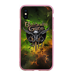 Чехол iPhone XS Max матовый Baldurs Gate 3 logo dark green fire, цвет: 3D-розовый