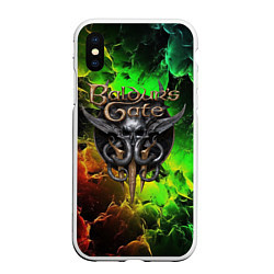 Чехол iPhone XS Max матовый Baldurs Gate 3 logo dark red green fire