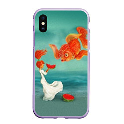 Чехол iPhone XS Max матовый Девочка с арбузом и золотая рыбка, цвет: 3D-светло-сиреневый