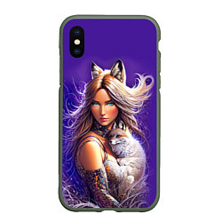 Чехол iPhone XS Max матовый A fox girl with a fox cub - neural network, цвет: 3D-темно-зеленый