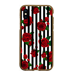 Чехол iPhone XS Max матовый Полосы и красные розы, цвет: 3D-коричневый