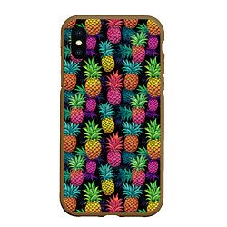 Чехол iPhone XS Max матовый Разноцветные ананасы паттерн, цвет: 3D-коричневый