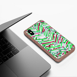 Чехол iPhone XS Max матовый Новогодние линии зелёный и красный, цвет: 3D-коричневый — фото 2