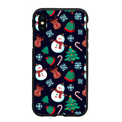 Чехол iPhone XS Max матовый Снеговички с рождественскими оленями и елками