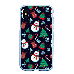 Чехол iPhone XS Max матовый Снеговички с рождественскими оленями и елками, цвет: 3D-голубой