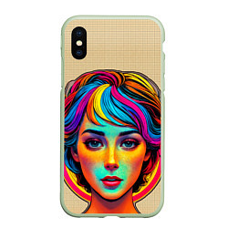 Чехол iPhone XS Max матовый Девушка с разноцветными волосами на клетчатом фоне