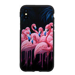 Чехол iPhone XS Max матовый Стая розовых фламинго в темноте, цвет: 3D-черный