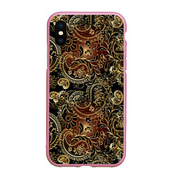 Чехол iPhone XS Max матовый Золотые узоры пейсли, цвет: 3D-розовый
