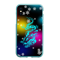 Чехол iPhone XS Max матовый Праздничный дракон и снежинки, цвет: 3D-мятный