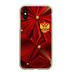 Чехол iPhone XS Max матовый Золотой герб России на красной абстракции