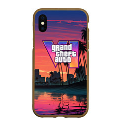 Чехол iPhone XS Max матовый GTA 6 лого на фоне заката, цвет: 3D-коричневый