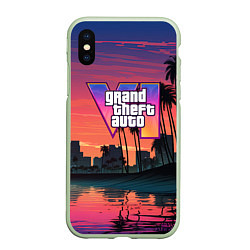 Чехол iPhone XS Max матовый GTA 6 лого на фоне заката, цвет: 3D-салатовый