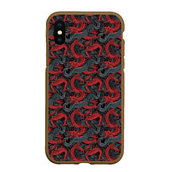 Чехол iPhone XS Max матовый Красные драконы на сером фоне, цвет: 3D-коричневый