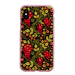 Чехол iPhone XS Max матовый Хохломская роспись красные ягоды, цвет: 3D-розовый