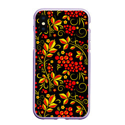 Чехол iPhone XS Max матовый Хохломская роспись золотистые листья чёрном фоне, цвет: 3D-светло-сиреневый