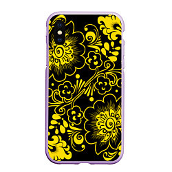 Чехол iPhone XS Max матовый Хохломская роспись золотые цветы на чёроном фоне, цвет: 3D-сиреневый