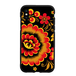 Чехол iPhone XS Max матовый Хохломская роспись красно-жёлтые цветы на чёрном ф