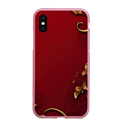 Чехол iPhone XS Max матовый Узоры золотые на красном фоне