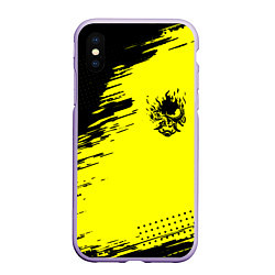 Чехол iPhone XS Max матовый Cyberpunk 2077 краски на чёрном, цвет: 3D-светло-сиреневый