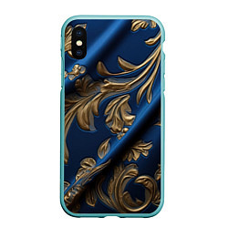 Чехол iPhone XS Max матовый Лепнина узоры золотистые на синем фоне, цвет: 3D-мятный