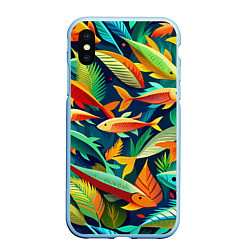 Чехол iPhone XS Max матовый Стая пестрых рыбок паттерн, цвет: 3D-голубой
