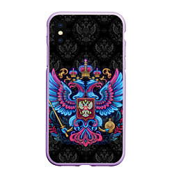 Чехол iPhone XS Max матовый Неоновый герб России, цвет: 3D-сиреневый
